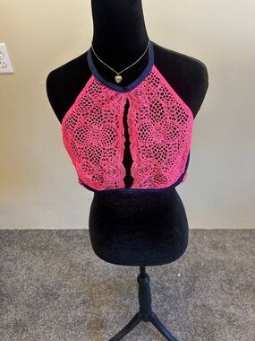 Victoria's Secret Neon Pink Crochet Halter Bra with Navy Trim-Super Fun Peek